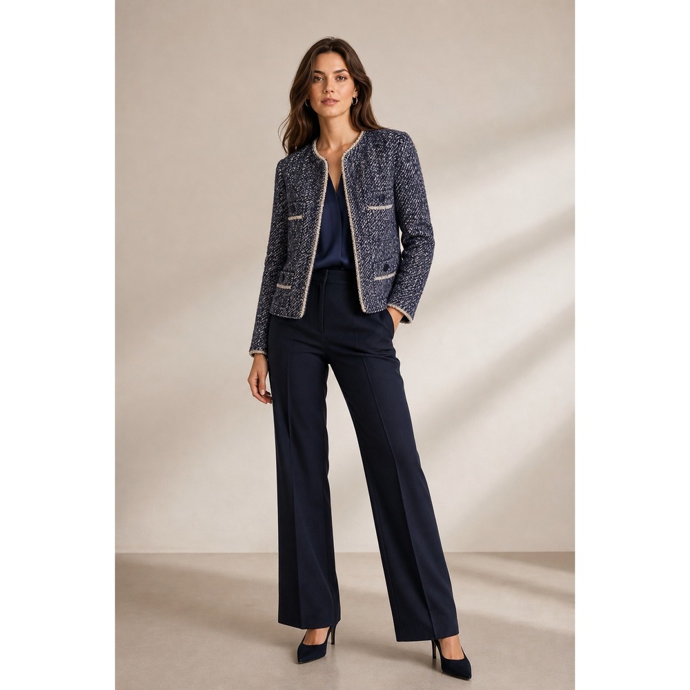 Talbots Tweed Blazer Women 8P Navy Chanel Style Wool Office Fringe Lady Jacket